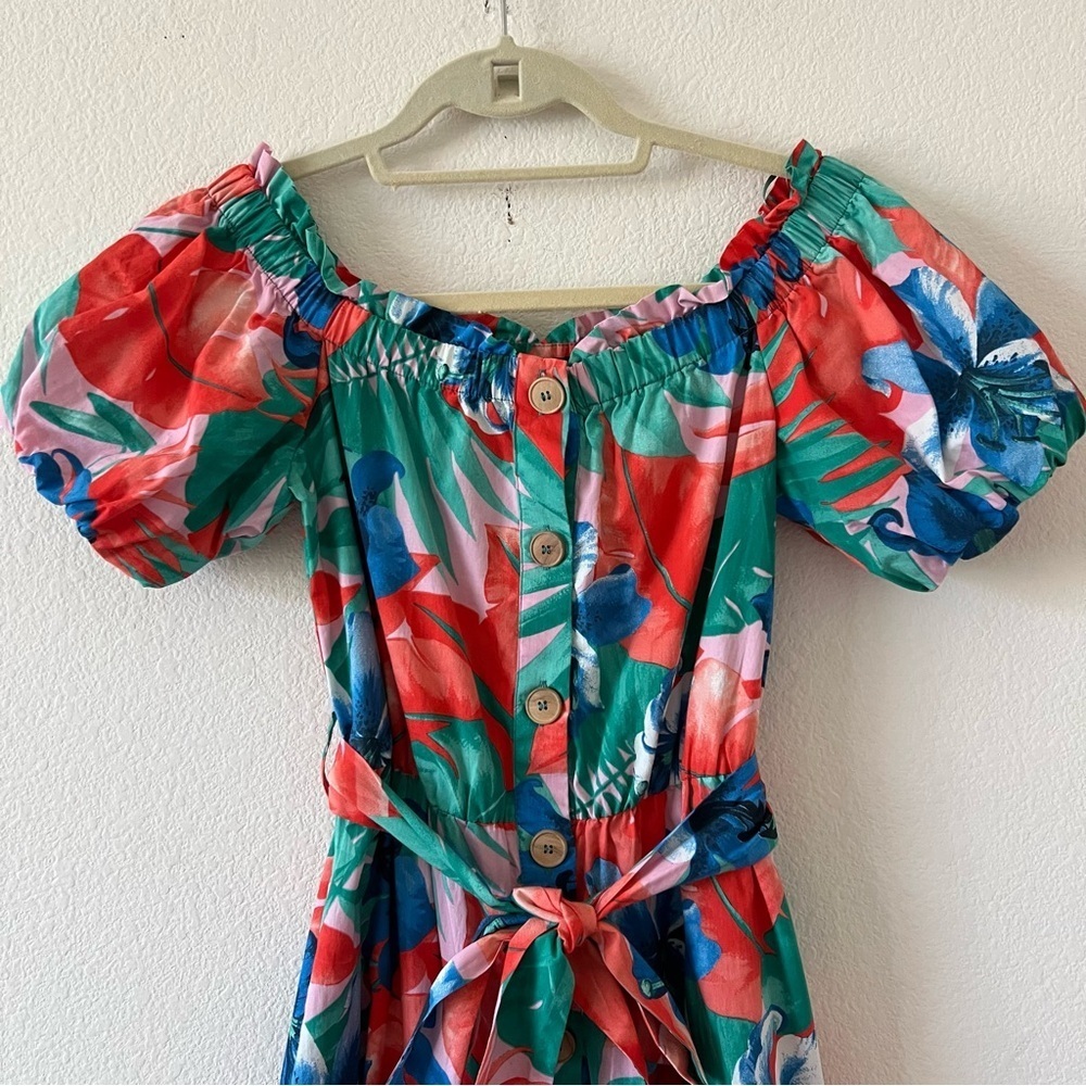 Zara Tropical Floral Off Shoulder Midi Dress S Pockets Puff Sleeve Resort Summer - Picture 8 of 16